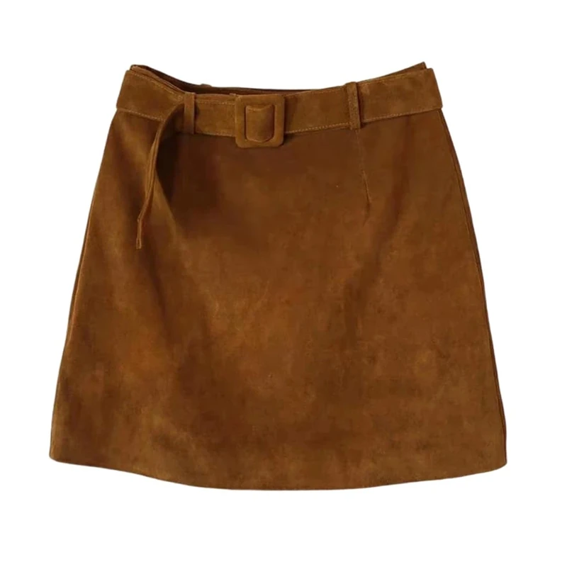 Women Vintage Suede Leather Mini Skirt for Fall Simple High Waist Solid Casual A-Line Skirts Yellow Brown
