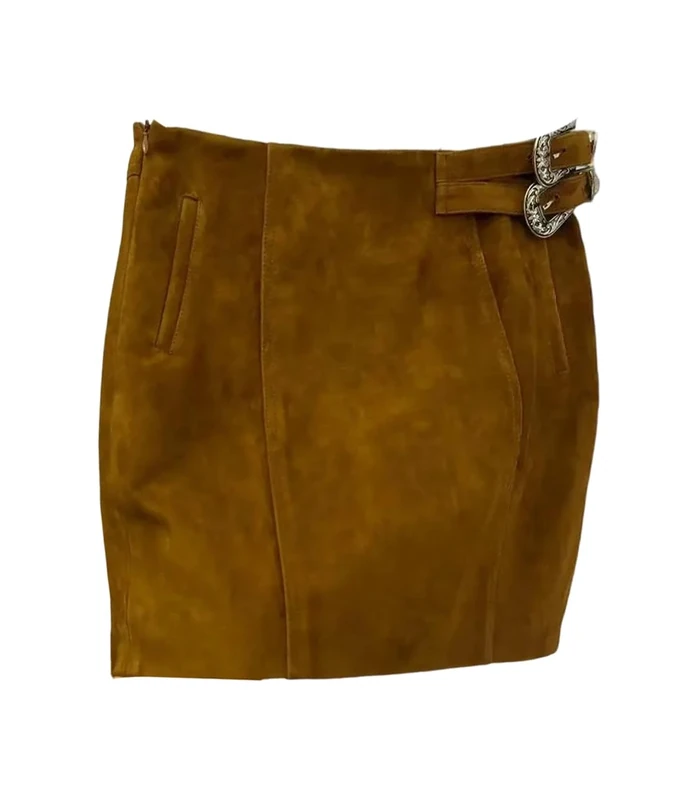 Vintage Suede Mini Skirt for Women - High Waist, Solid Yellow/Brown