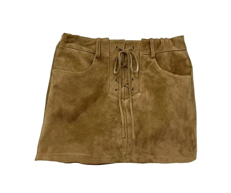 Women Vintage Suede Leather Mini Skirt with Crossed Tied Sexy Solid Short Skirt Light Brown