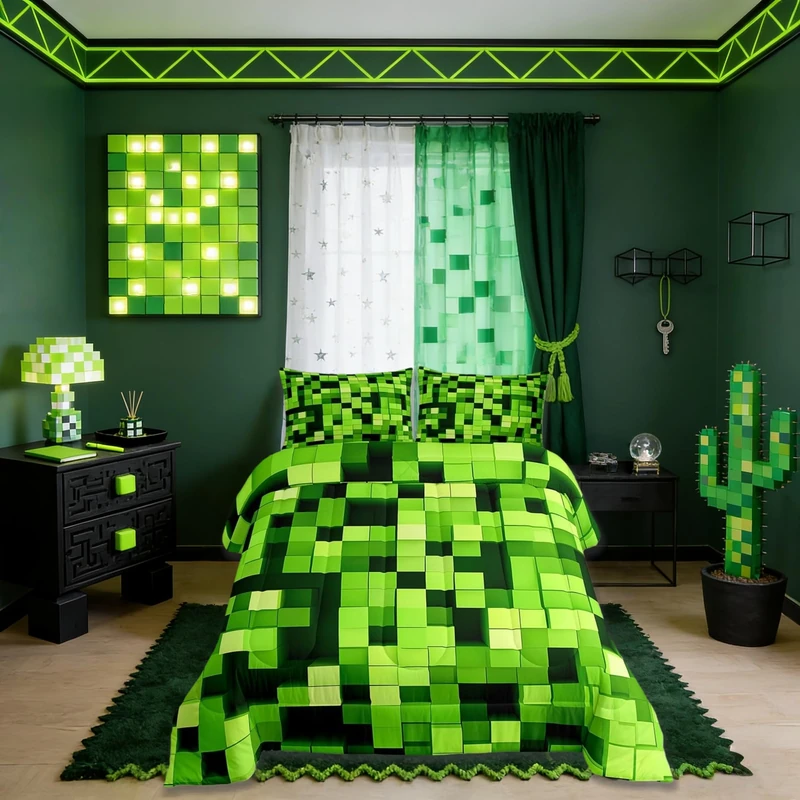 Pixelated Miners Game Kids Bedding Set Queen Size,Video Games Gamepad Gaming Comforter Set,Geometric Square Quilt Comforter,Light Green Bedroom Duvet Insert,2 Pillowcases