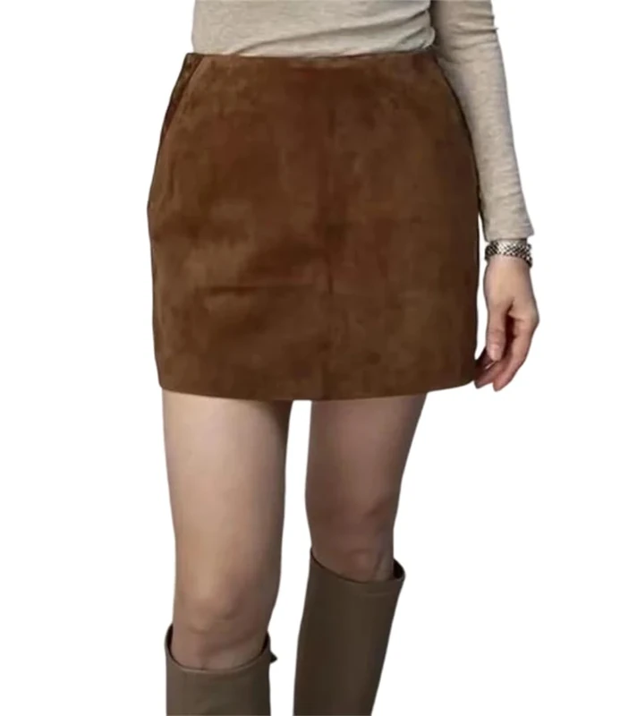 Suede Leather Mini Skirt for Women Sexy Slimming A-Line Pocket Solid Slim Spring Fall Dark Brown