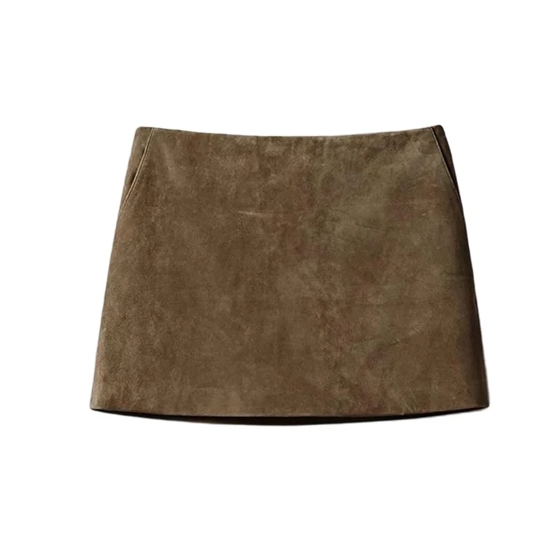 Women Real Leather Skirts Retro Distressed Suede Simple Hip Mini Skirt Light Coffee