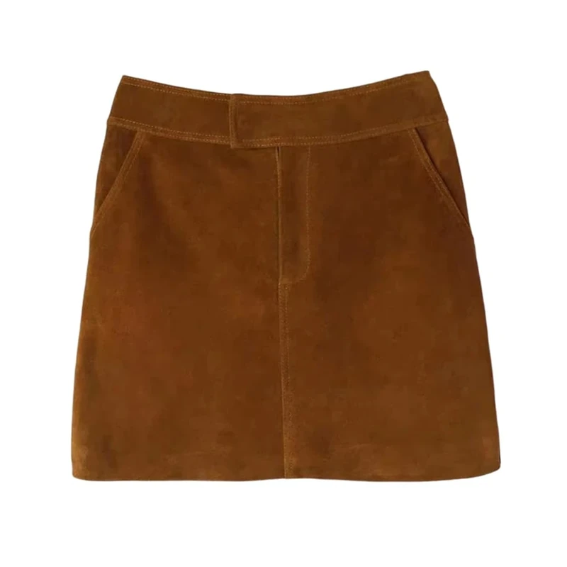 Suede Leather Mini Skirt Short for Women Vintage Fall Simple Solid High Waist Wrap Sexy Skirts Yellow Brown