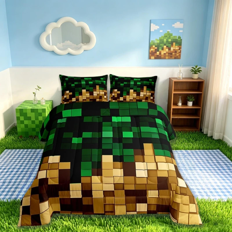 Pixelated Miners Blocks Kids Bedding Set Queen Size,Patchwork Square Video Games Comforter Set,Geometric Patchwork Grid Quilt Comforter,Green Yellow Bedroom Duvet Insert,2 Pillowcases