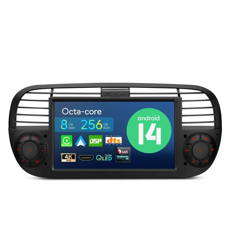 XTRONS Android 14 Qualcomm 665 QLED Radio Player for Fiat 500 (2007-2015) Black, 7 Inch Octa Core 8GB+256GB Fiat 500 Carplay Car Stereo IPS Touched Screen DSP DTS 4G LTE GPS Bluetooth Day & Night UI