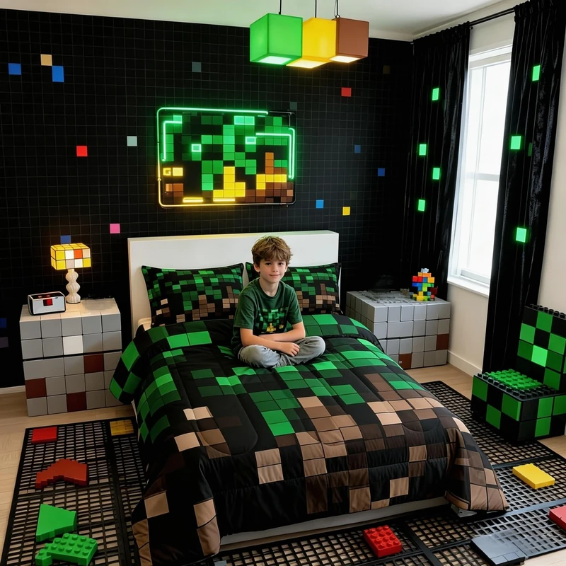 Miners Pixel Checked Kids Comforter Set Queen Size,Video Games Check Lattice Bedding Set,Girl Boy Room Decor,Game Cartoon Gamepad Quilt Comforter,Green Brown Duvet Set Bedroom Quilt Set,2 Pillowcases