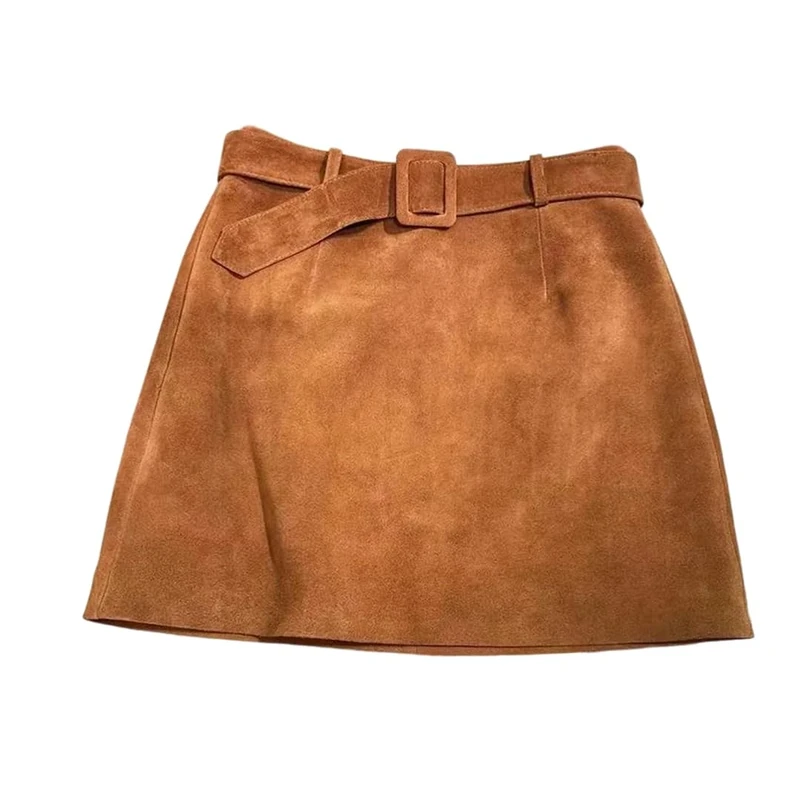 Women Leather Suede Above Knee Mini Wrap Skirt Fall High Waist Belt A-Line Slim Fit Short Skirts Dark Brown