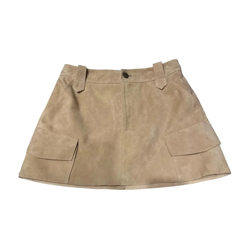 Ladies Suede Skirt Leather Pencil Mini Solid with Pockets A-Line Skirt