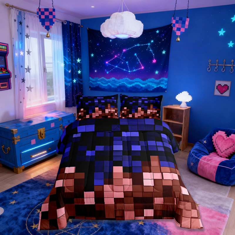 Pixelated Miners Game Kids Bedding Set Queen Size,Geometric Check Video Games Comforter Set,Gamepad Grid Gaming Quilt Comforter,Blue Red Bedroom Duvet Insert,2 Pillowcases