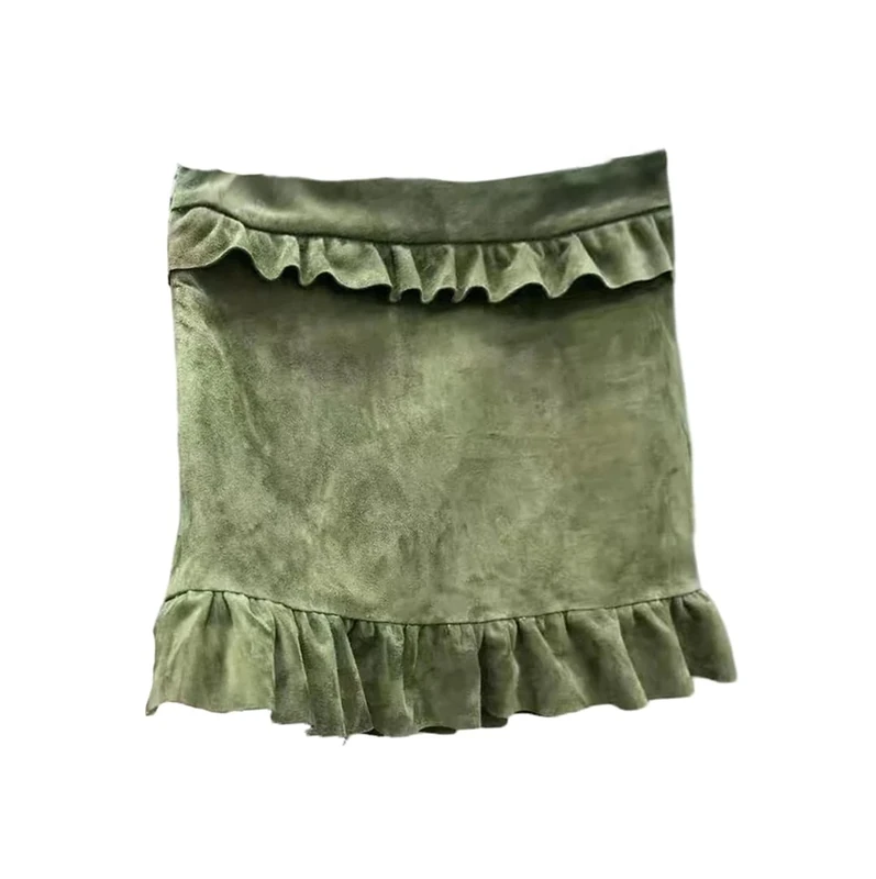 Women Suede Leather Mini Skirt Solid Ruffled Midi Skirt Slim Wrap Casual Skirts