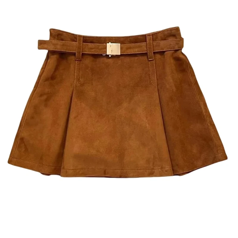 Woman Suede Leather Pleated Skirt Retro Mini A-Line Solid with Belt Short Skirt