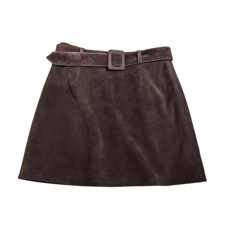 Women Leather Suede Above Knee Mini Wrap Skirt Fall High Waist Belt A-Line Slim Fit Short Skirts Coffee