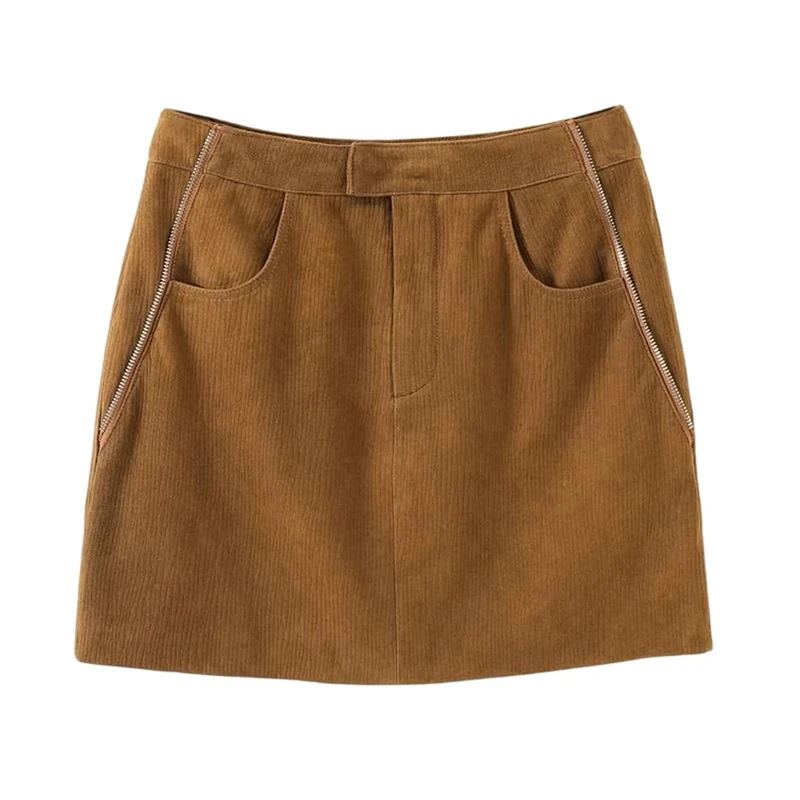 Suede Leather Mini Skirt for Women Sexy Front O-Shape Scratch with Pocket Skirt Brown