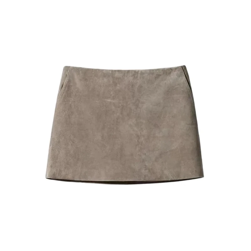 Suede Leather Mini Skirt for Women Sexy Slimming A-Line Pocket Solid Slim Spring Fall