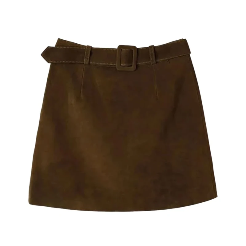 Women Vintage Suede Leather Mini Skirt for Fall Simple High Waist Solid Casual A-Line Skirts