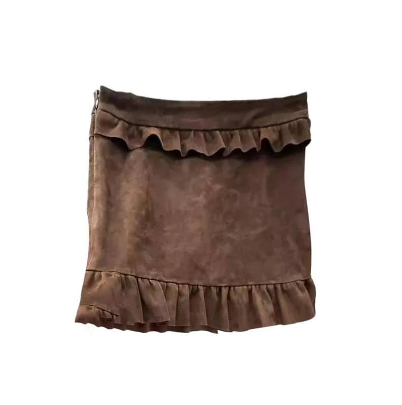 Women Suede Leather Mini Skirt Solid Ruffled Midi Skirt Slim Wrap Casual Skirts Brown