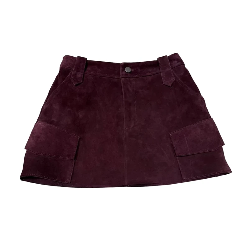 Ladies Suede Skirt Leather Pencil Mini Solid with Pockets A-Line Skirt
