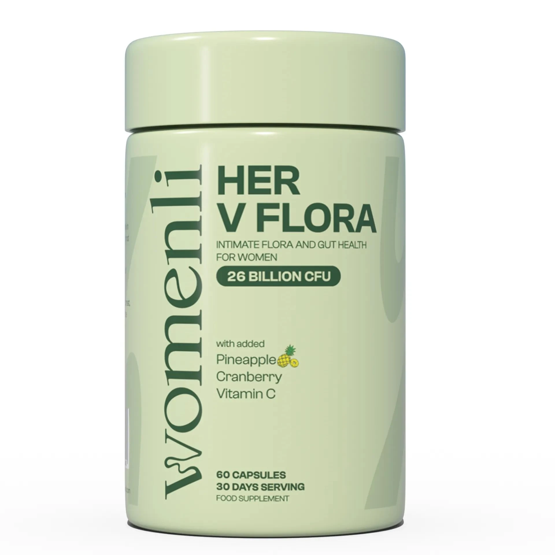 Prebiotics & Probiotics for Women - 26 Billion CFU Flora with Cranberry, Vitamin C & Pineapple | Bio Cultures for Women's Intimate Flora & Gut Health | 60 Vegan Capsules | Her V Flora by Womenli (1)