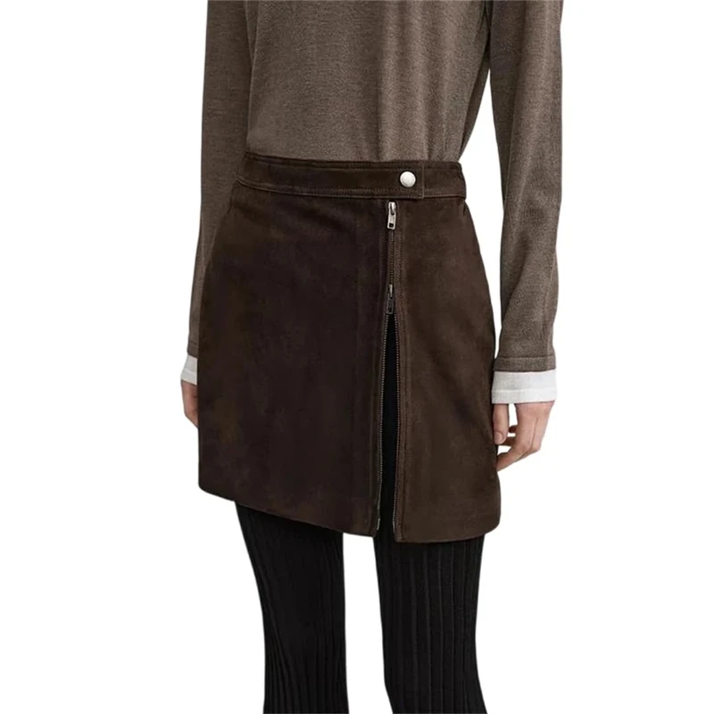 Leather Skirts for Women Suede High Waist Two-Way Zipper Mini Short Skirts Fall Winter