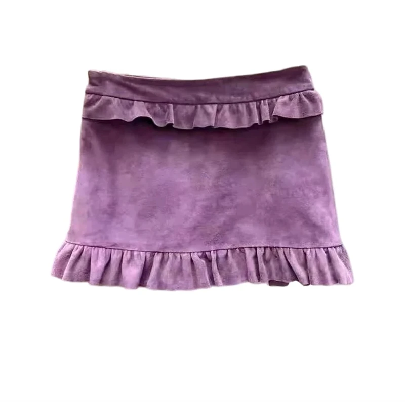 Women Suede Leather Mini Skirt Solid Ruffled Midi Skirt Slim Wrap Casual Skirts Purple