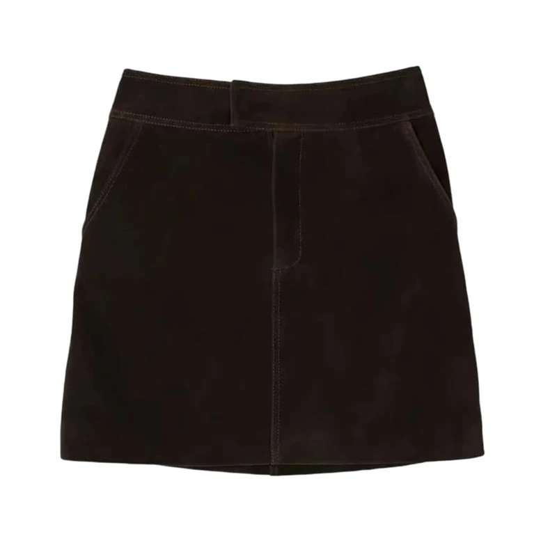 Suede Leather Mini Skirt Short for Women Vintage Fall Simple Solid High Waist Wrap Sexy Skirts Dark Brown