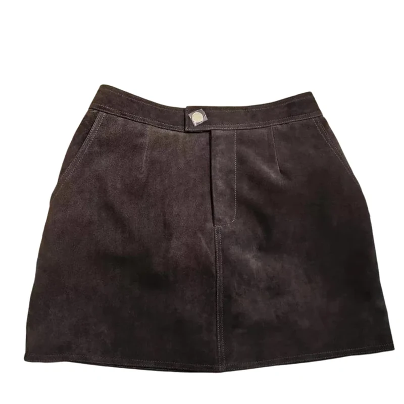 Women Suede Leather Skirt High Waist Buttons A Line Skirts Vintage Casual Mini Skirt Fall Winter Coffee