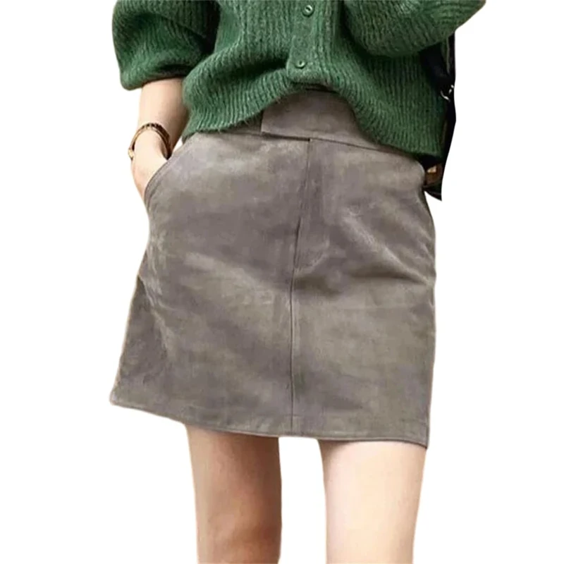Suede Leather Mini Skirt for Women Simple High Waist Wrap A-Line Short Skirt Fall Gray