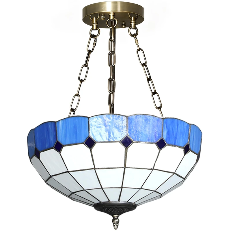 HOMCOM 34 cm Tiffany Style Ceiling Light, Vintage Stained Glass Chandelier with 3 E27 Sockets, Semi Flush Mount Pendant Light for Living Room, Bedroom, Hallway, Bulbs Not Included, Blue and White