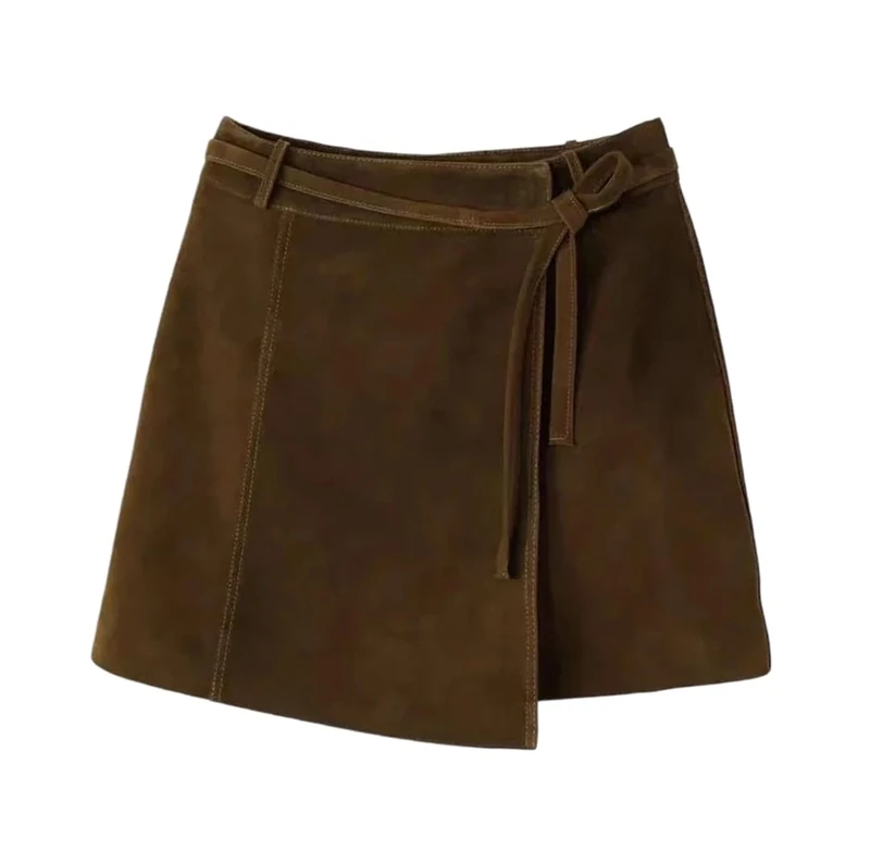 Women Vintage Suede Leather Mini Skirt with Blet Fall High Waist Side Slits Solid A-Line Skirts