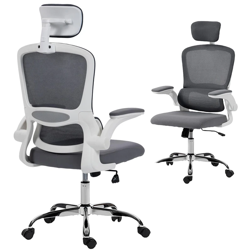 HOMCOM Ergonomic Office Chair, High Back Mesh Computer Desk Chair with Adjustable Headrest and Lumbar Support, Flip-up Armrests for Home Office, Charcoal Grey