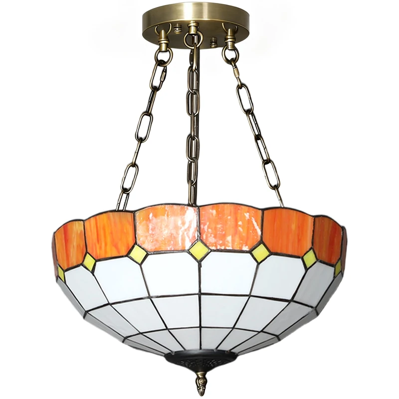 HOMCOM 34 cm Tiffany Style Ceiling Light, Vintage Stained Glass Chandelier with 3 E27 Sockets, Semi Flush Mount Pendant Light for Living Room, Bedroom, Hallway, Bulbs Not Included, Orange and White