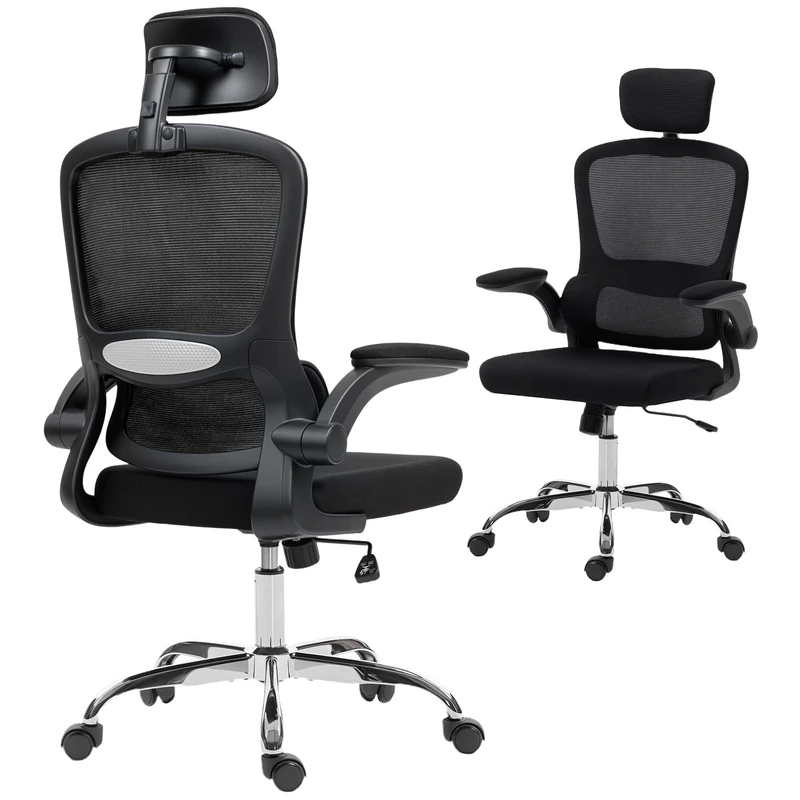 HOMCOM Ergonomic Office Chair, High Back Mesh Computer Desk Chair with Adjustable Headrest and Lumbar Support, Flip-up Armrests for Home Office, Black