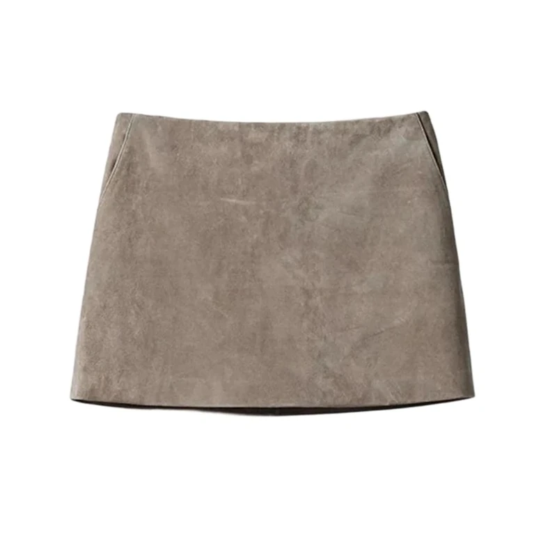 Women Real Leather Skirts Retro Distressed Suede Simple Hip Mini Skirt Gray
