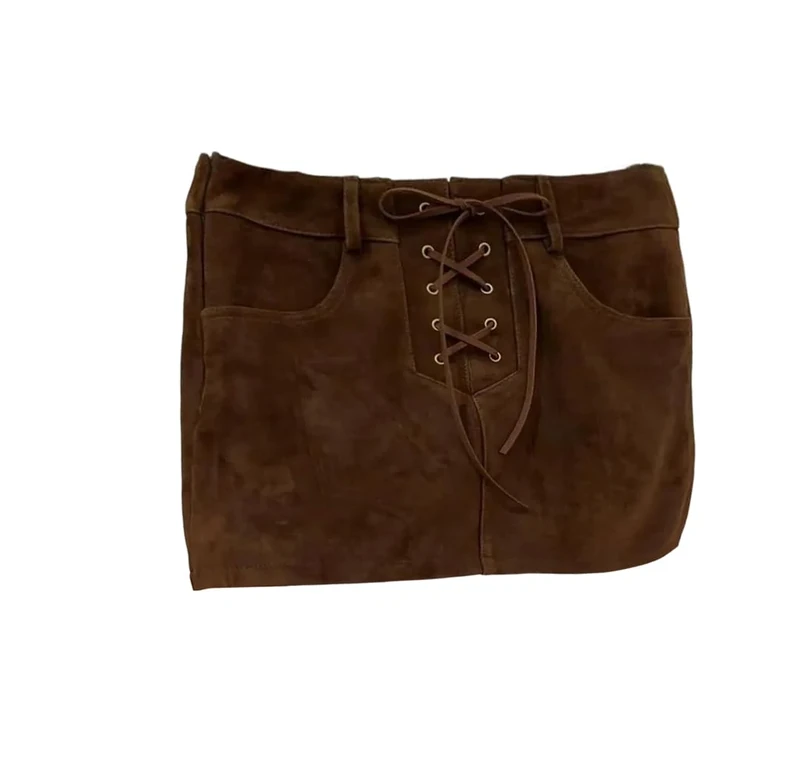 Women Vintage Suede Leather Mini Skirt with Crossed Tied Sexy Solid Short Skirt Dark Brown