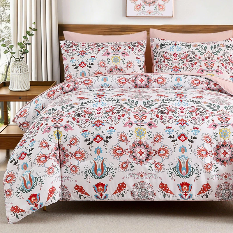 DHSFKBE Boho Comforter Set Queen - 7 Pieces Bed in a Bag Floral Design, Bohemian Comforter Set with Sheets, Soft Microfiber Complete Bedding Sets All Season (Light Pink, Queen)