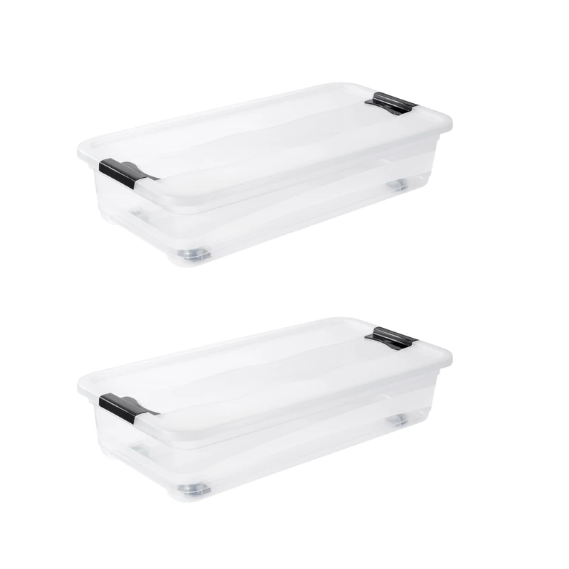 keeeper konrad 2 x Storage Box with Wheels, Lid and Sliding Closure, 79.5 x 39.5 x 18 cm, 33 L, Transparent