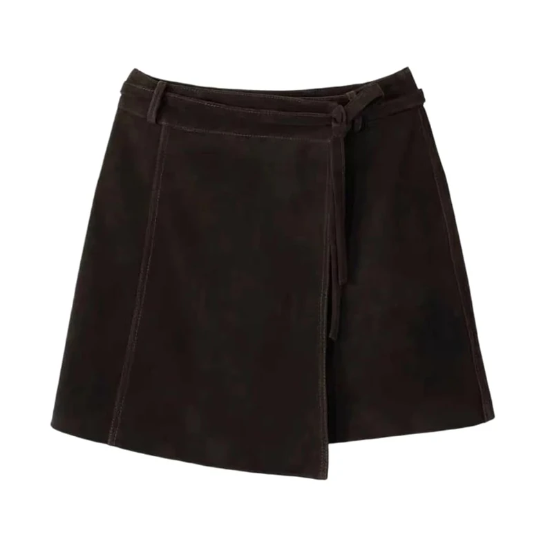 Women Vintage Suede Leather Mini Skirt with Blet Fall High Waist Side Slits Solid A-Line Skirts Brown