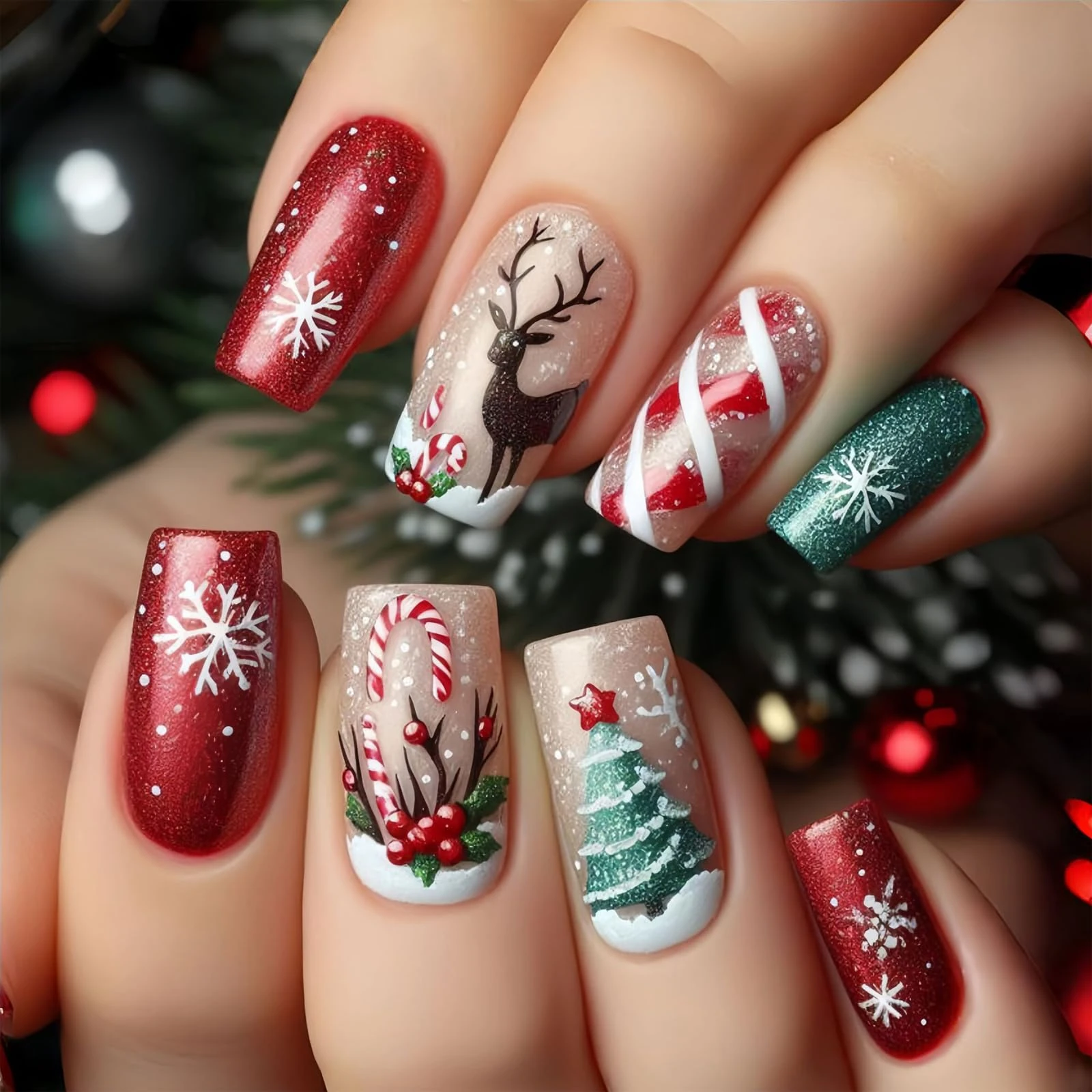 Christmas Press On Nails - Middle Square False Nails - Cute Winter Nail Arts With Reindeer & Snow - 24pcs Red & Green Xmas Stick On Nails With Jelly Glue