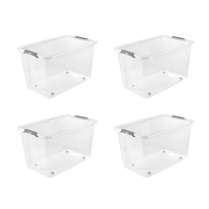 keeeper Leo 4 x Storage Box with Lid and Wheels, 56 L, 59 x 38 x 35.5 cm, Clip Box, Transparent