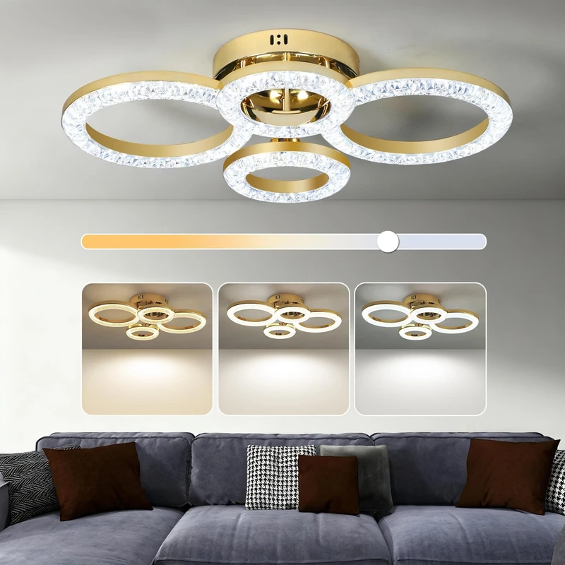 HOMCOM LED Ceiling Light, Modern Dimmable 4 Rings Ceiling Lamp with Wall Switch, 40W 4350lm Flush Mount Ceiling Light with 3500K/4500K/6000K Colour Temperatures for Living Room, Bedroom, Gold Tone