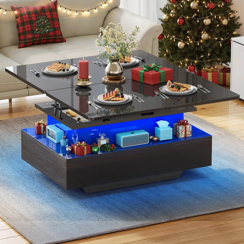 YITAHOME Coffee Table with Lift Top,High Glossy 4-in-1 Extendable Coffee Table with LED Light String and 2 Drawers, Modern Wooden Rectangle Tea Table for Living Room