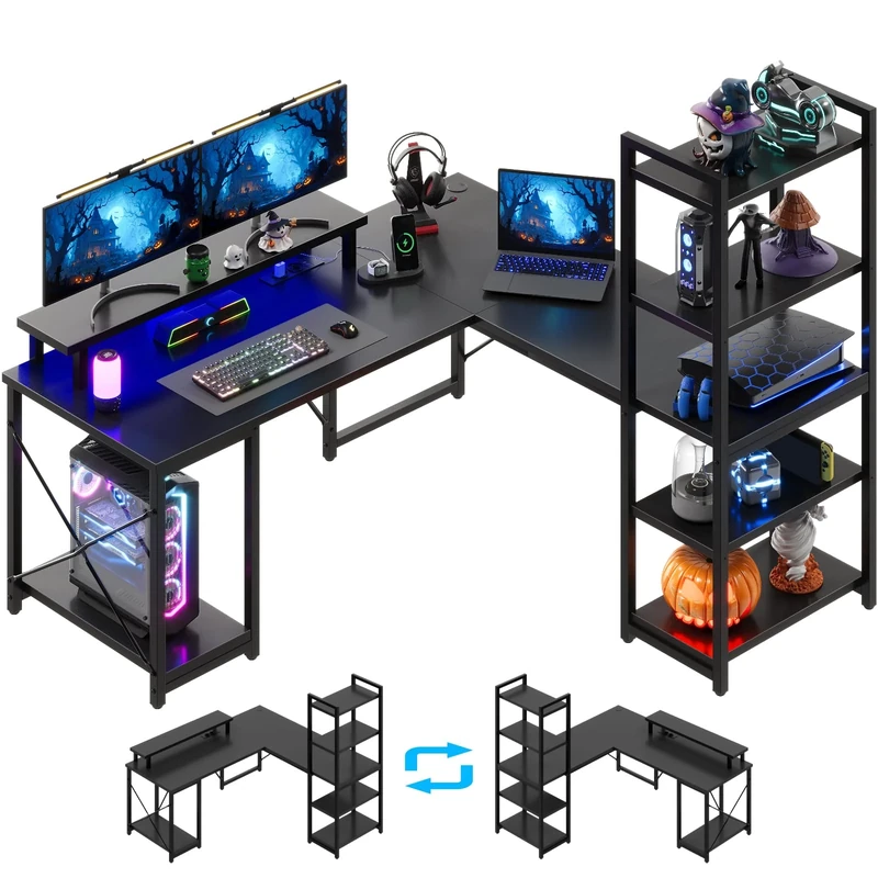 JUMMICO Corner Desk with Storage Shelf 140X140X138CM, l Shaped Desk, Suitable for both Study and Home Office, Large Computer Gaming Table With Drawers，Black