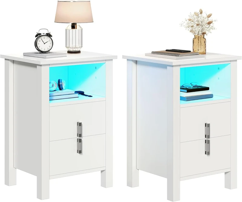 YITAHOME Bedside Table Set of 2, Led White Bedside Cabinet Set of 2 with LED Lighting, Nightstand with 2 Drawers for Bedroom, Living Room
