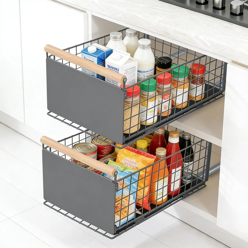 VINATO 2pcs Pull-Out Kitchen Drawers, Telescopic Drawers, Sliding Kitchen Cabinet Drawer without Drilling and Nails