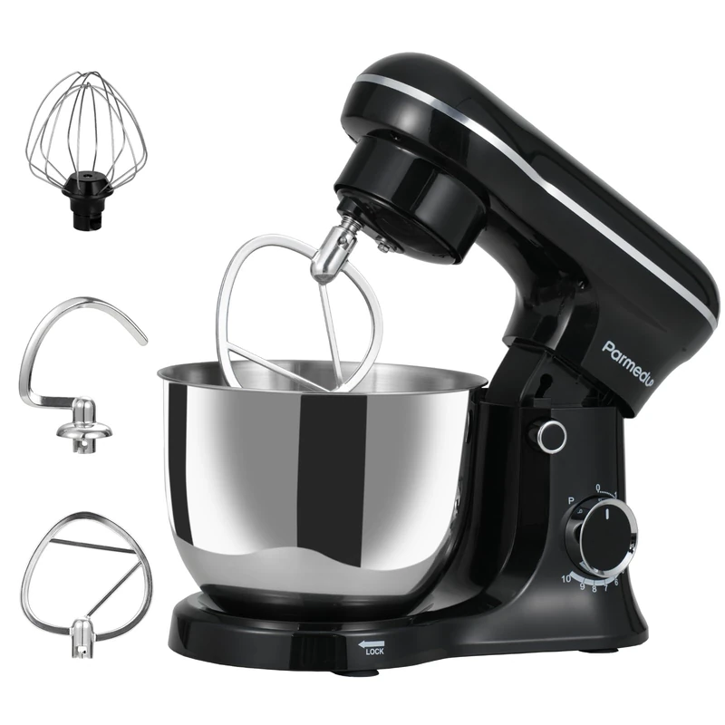 Parmedu Electric Kitchen Stand Mixer: 1500W 10-Speed Compact Tilt-Head Household Food Mixer - 5.2L 304 Stainless Steel Bowl with Cover & Egg Whisk & Dishwasher Safe Dough Hook & Flat Beater