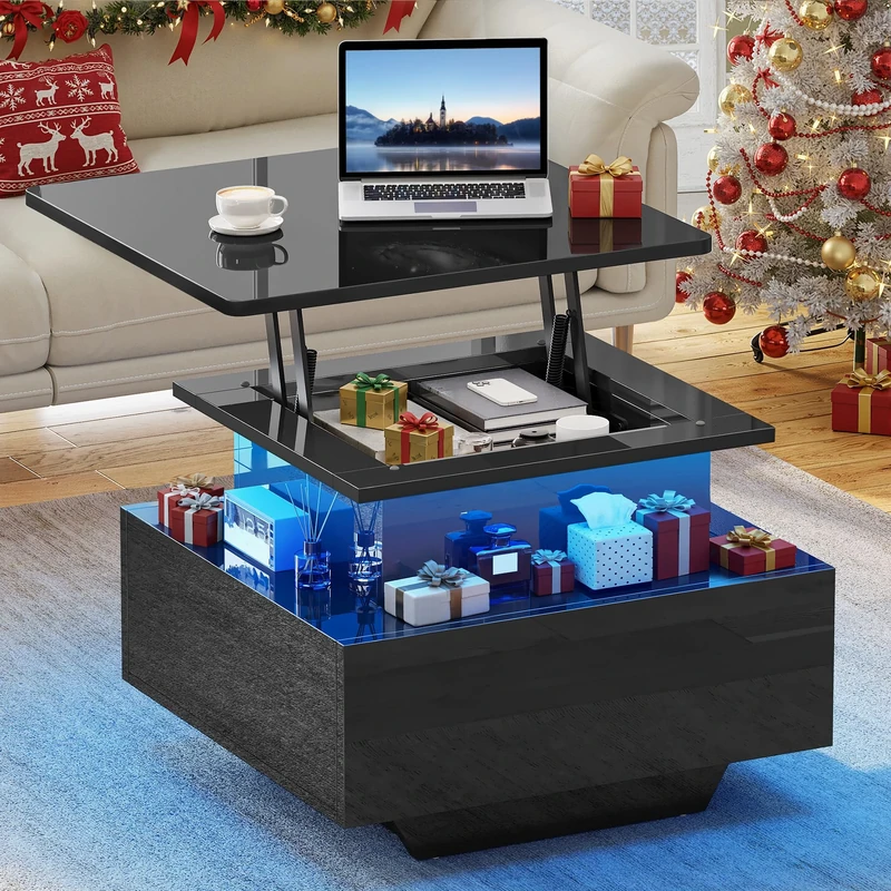 YITAHOME Coffee Table with Lift Top,60x60x45cm, High Glossy Lift up Coffee Table with LED Light String and 2 Drawers, Modern Wooden Square Tea Table for Living Room