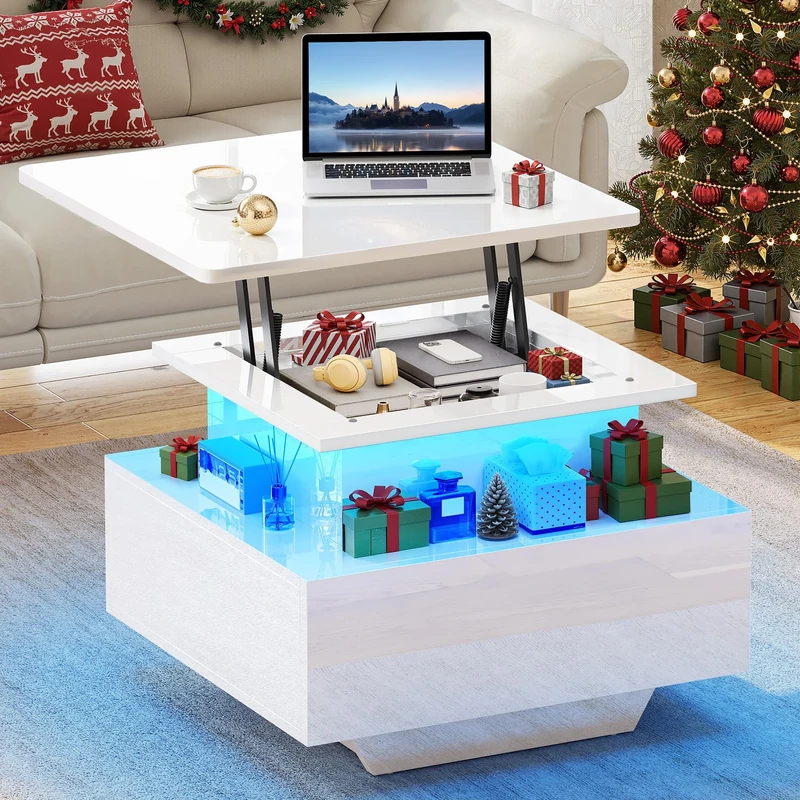 YITAHOME Coffee Table with Lift Top,60x60x45cm, High Glossy Lift up Coffee Table with LED Light String and 2 Drawers, Modern Wooden Square Tea Table for Living Room
