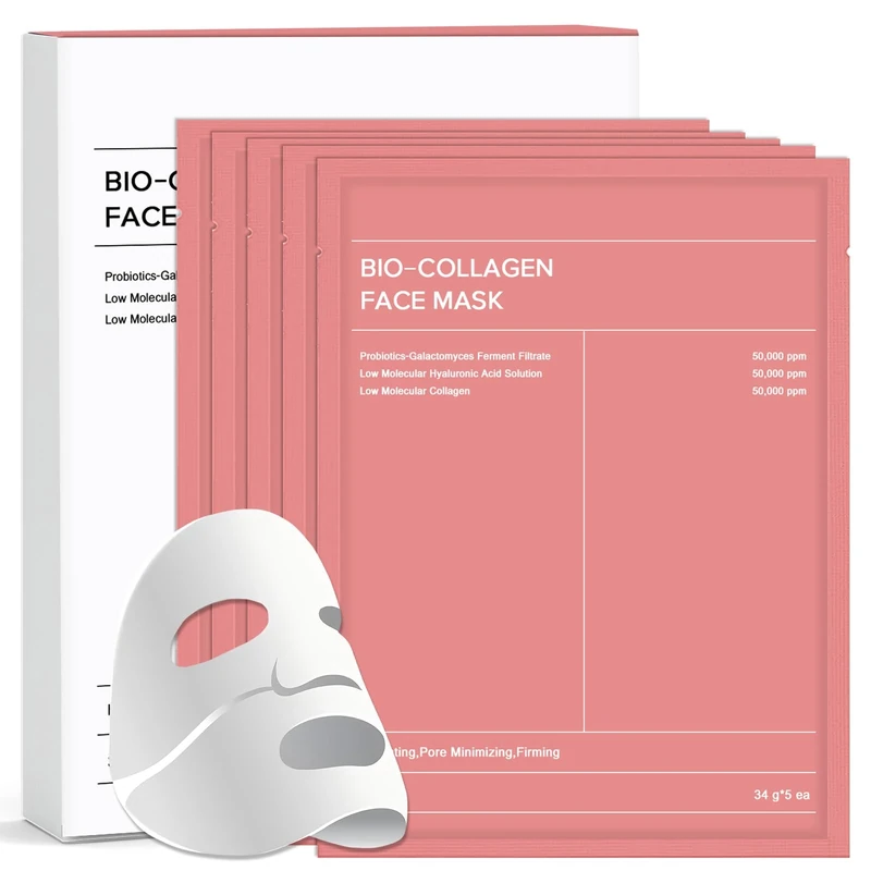 Bio Collagen Face Mask, Overnight Hydrogel Masks, Real Deep Collagen Mask for Glass Skin, Pore Minimizing, Elasticity Improvement, 5PCS (Pink)