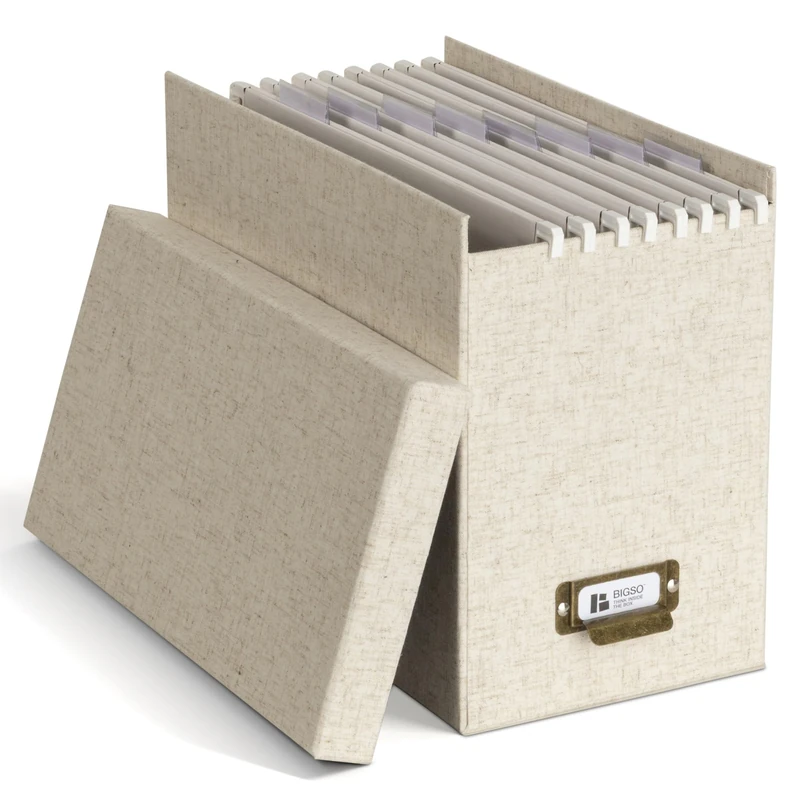 BIGSO JOHAN A4 Hanging File Box - Hanging File Box with Lid and Handle - Desk Tray for Hanging Files & Documents - Storage Box Made of Recycled Fibreboard and Paper - Linen