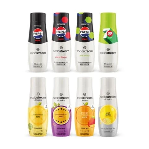 Sodastream Flavour Discovery 8-Pack – Pepsi MAX, Cherry, Lime, 7UP Zero, Cloudy Lemonade, Passionfruit, Orange & Mango, Diet Tonic, Fizzy Drink Syrup Multipack, 8 x 440ml, Makes Up to 72L